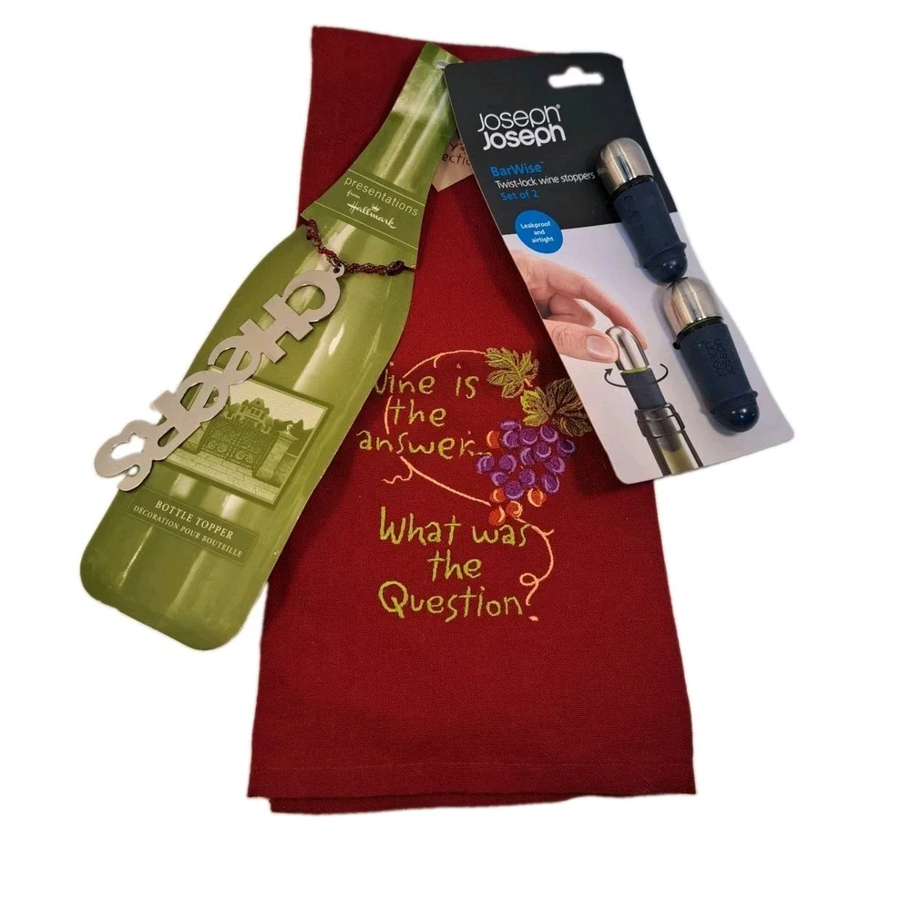 Wine Themed Bundle KITCHEN/BAR TOWEL WINE STOPPER BOTTLE TOPPER